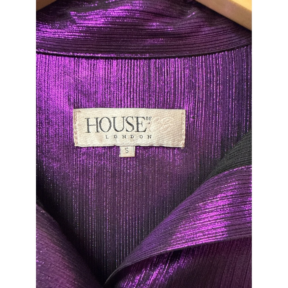 House of CB Button Down Women S Purple Metallic Shimmer Disco Glam Party Blouse - Picture 3 of 6